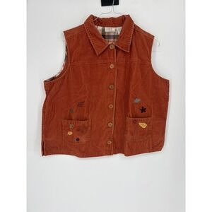Baxter & Wells Ladies Burnt Orange Embroidered Corduroy Vest Size 1X Fall Leaves